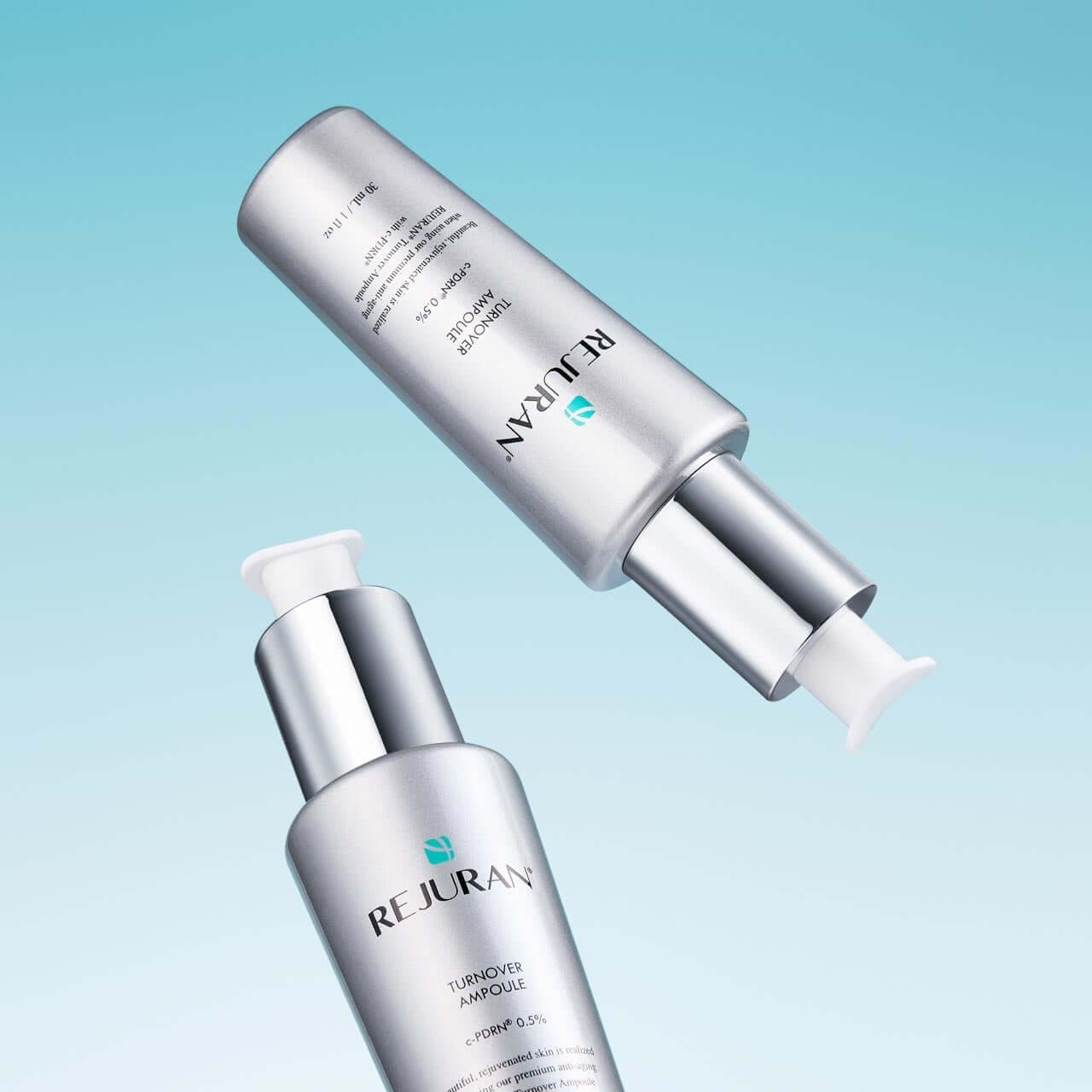 REJURAN Turnover Ampoule 30ml product image showing two silver bottles against a blue background