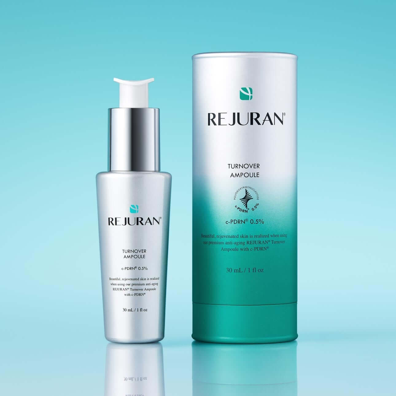 REJURAN Turnover Ampoule 30ml product packaging with bottle and box, enhancing skincare routine, 30ml size for optimal results.