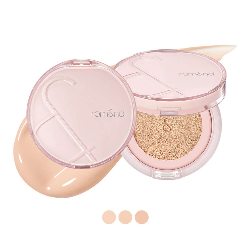 ROMAND Bloom in Coverfit Cushion makeup cosmetic compact with product sample displayed