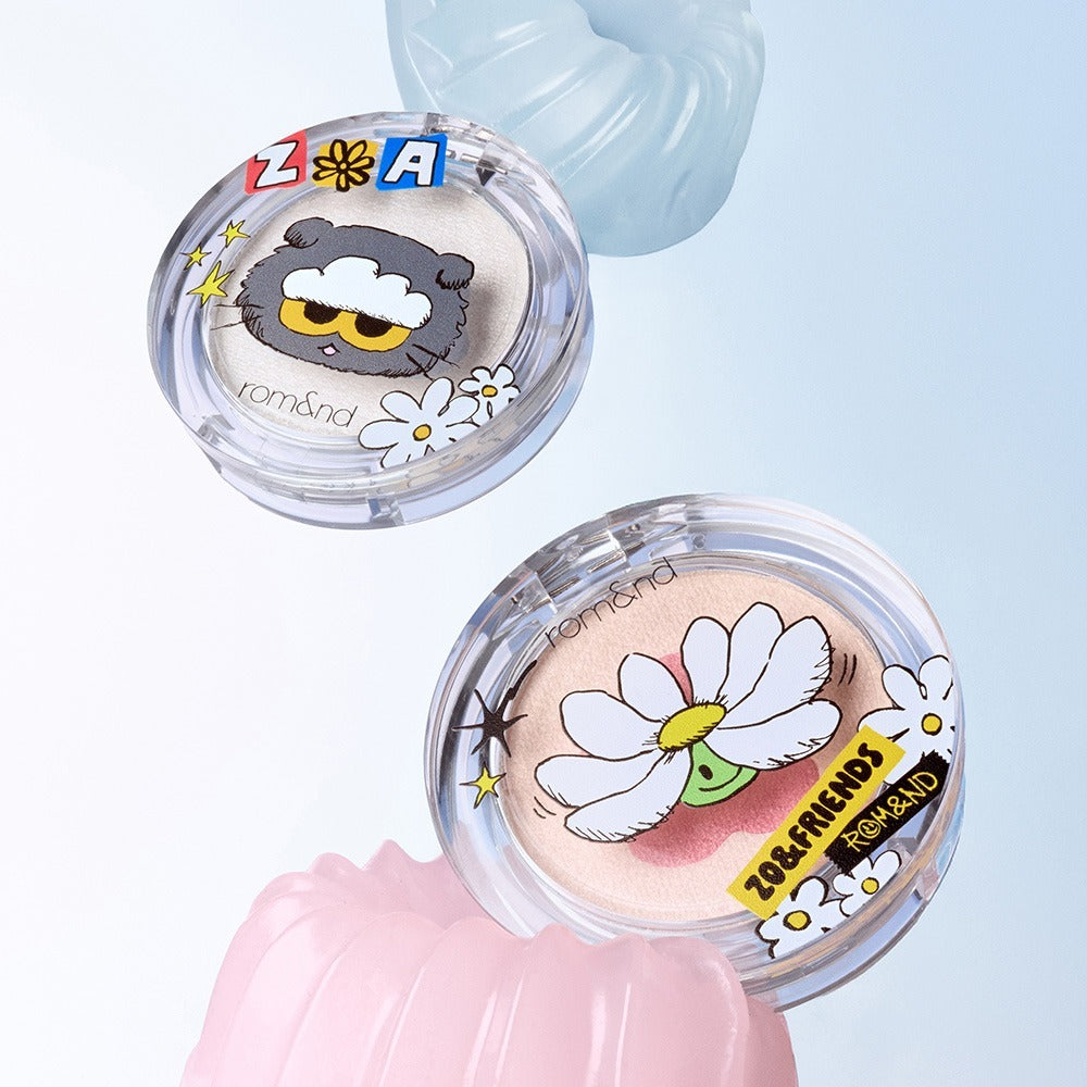 ROMAND x Joanne Friends Dual Jelly Highlighter with cute character designs in floral packaging.
