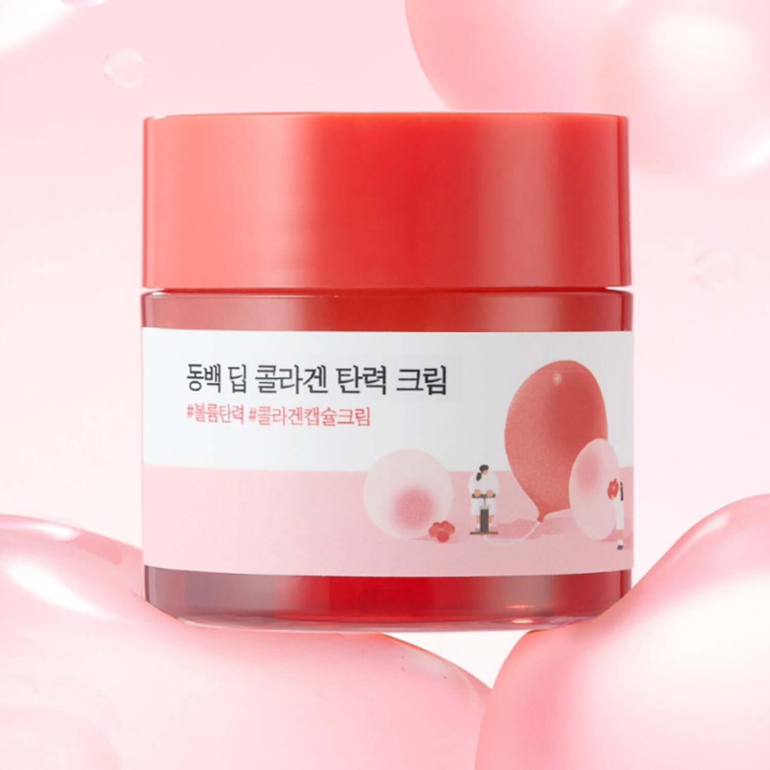 Jar of ROUND LAB Dongbaek Deep Collagen Elasticity Cream 50ml with pink background and floral design