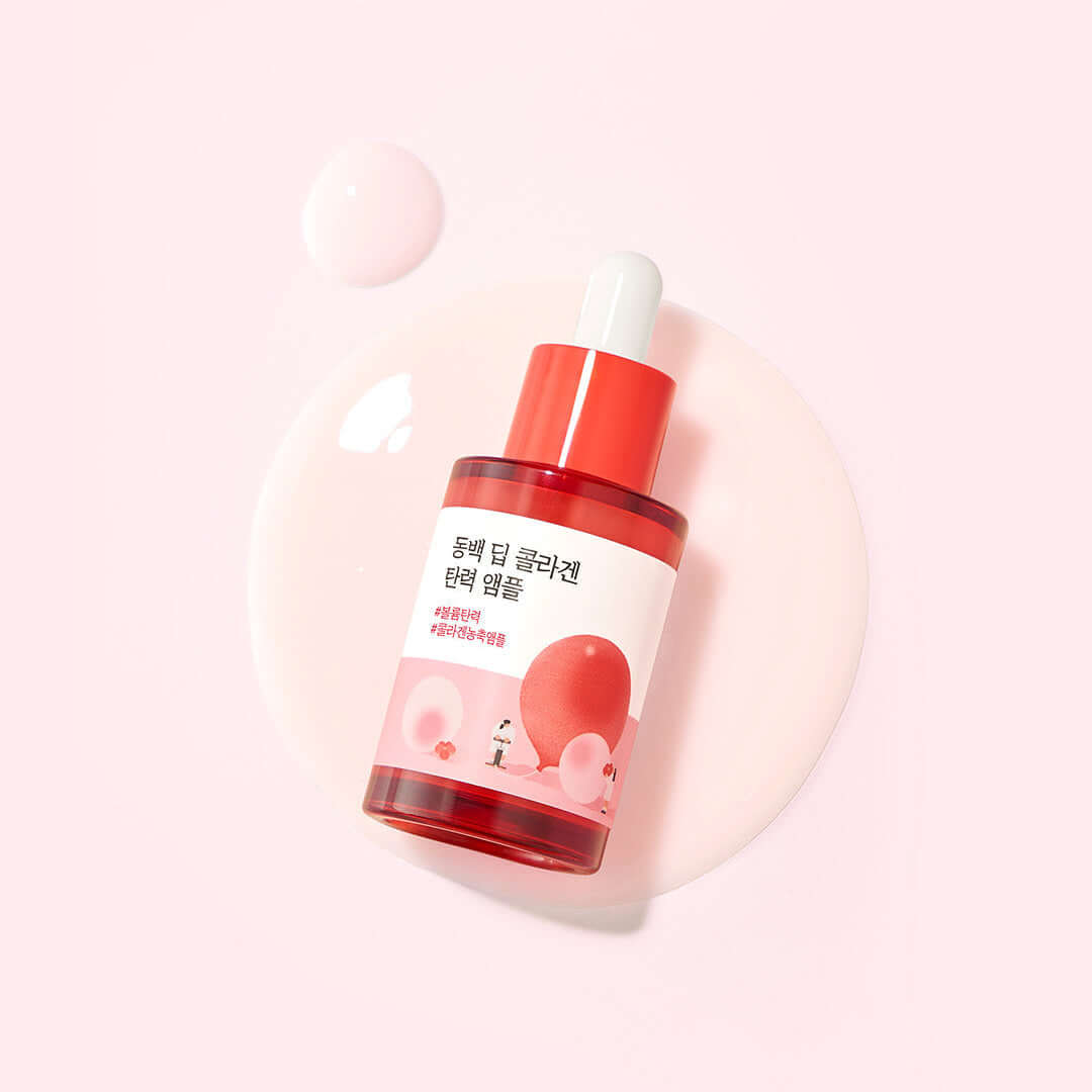 ROUND LAB Dongbeak Deep Collagen Elasticity Ampoule 30ml on pink background