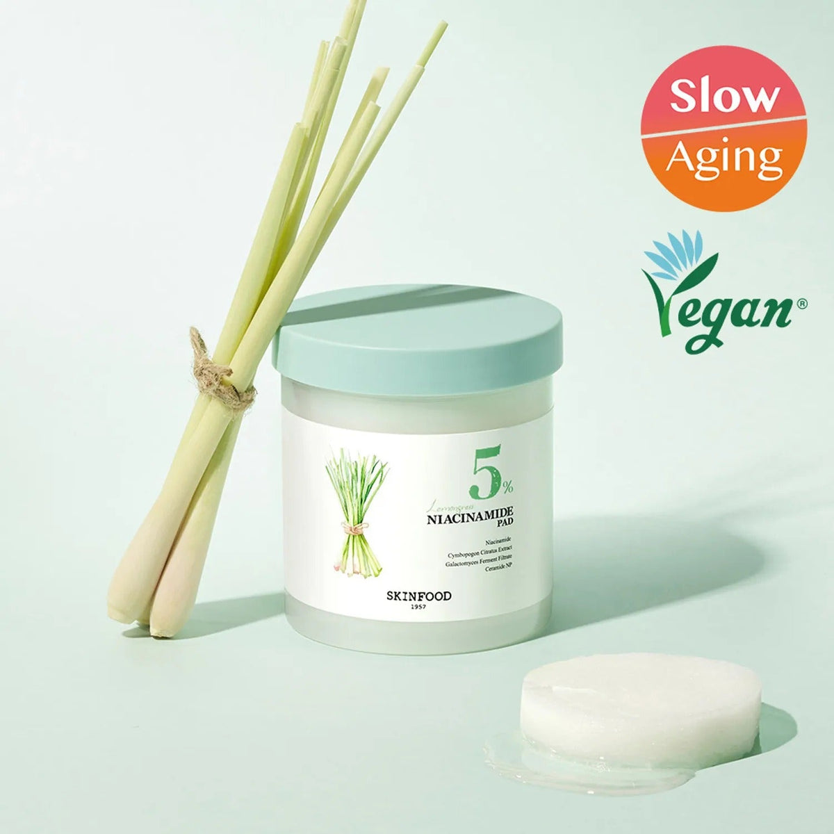 SKINFOOD Lemongrass Niacinamide 5 60 Pads with soothing lemongrass and niacinamide formula, ideal for skin brightening and rejuvenation.