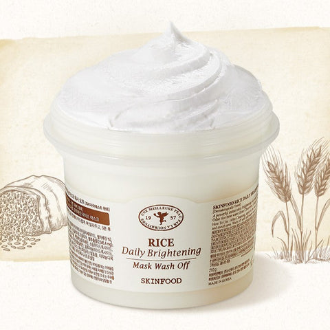 SKINFOOD Rice Daily Brightening Mask Wash Off 210g in a container with textured cream and rice illustration background.