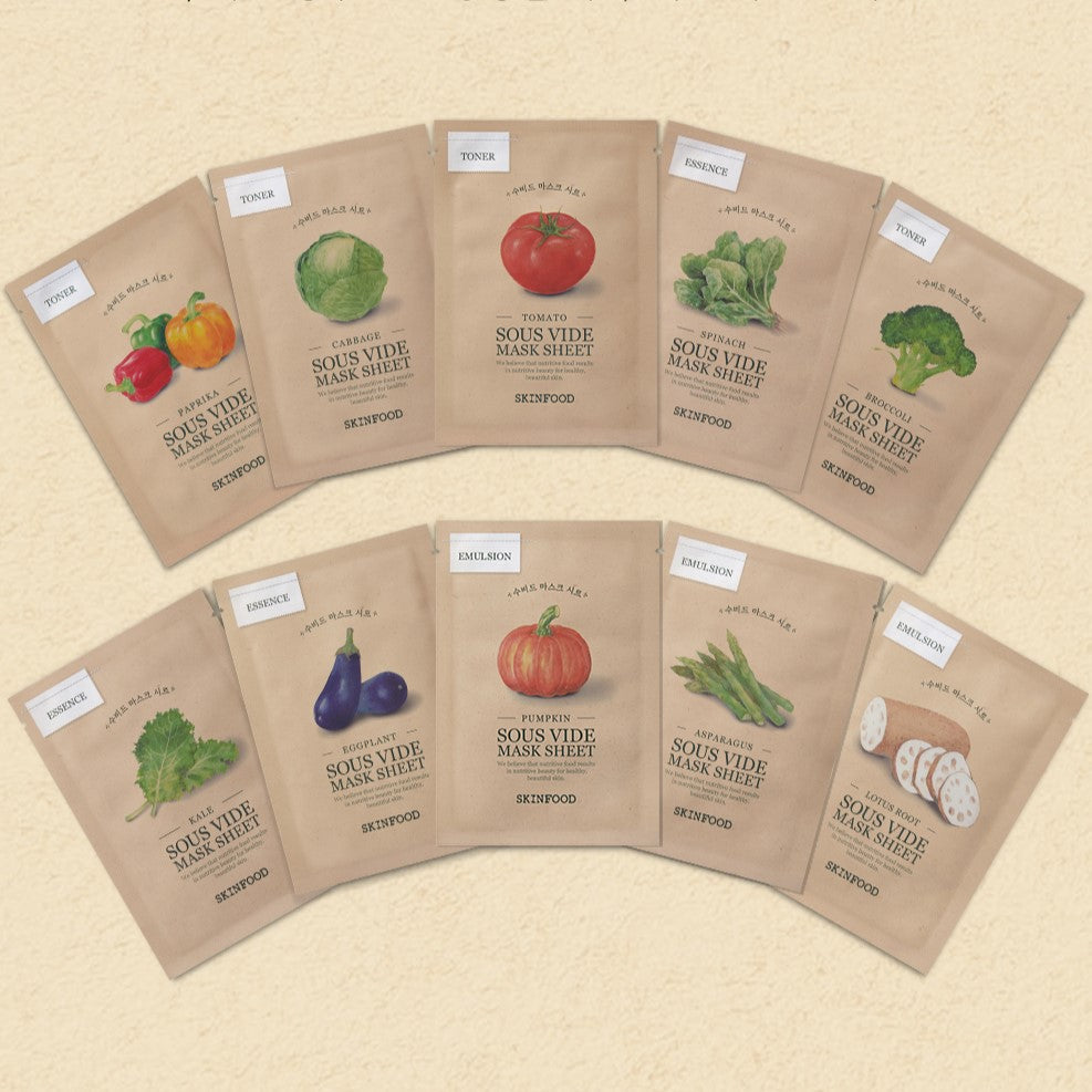Assorted SKINFOOD Sous Vide Mask Sheet packs featuring various vegetables for nourishing skincare