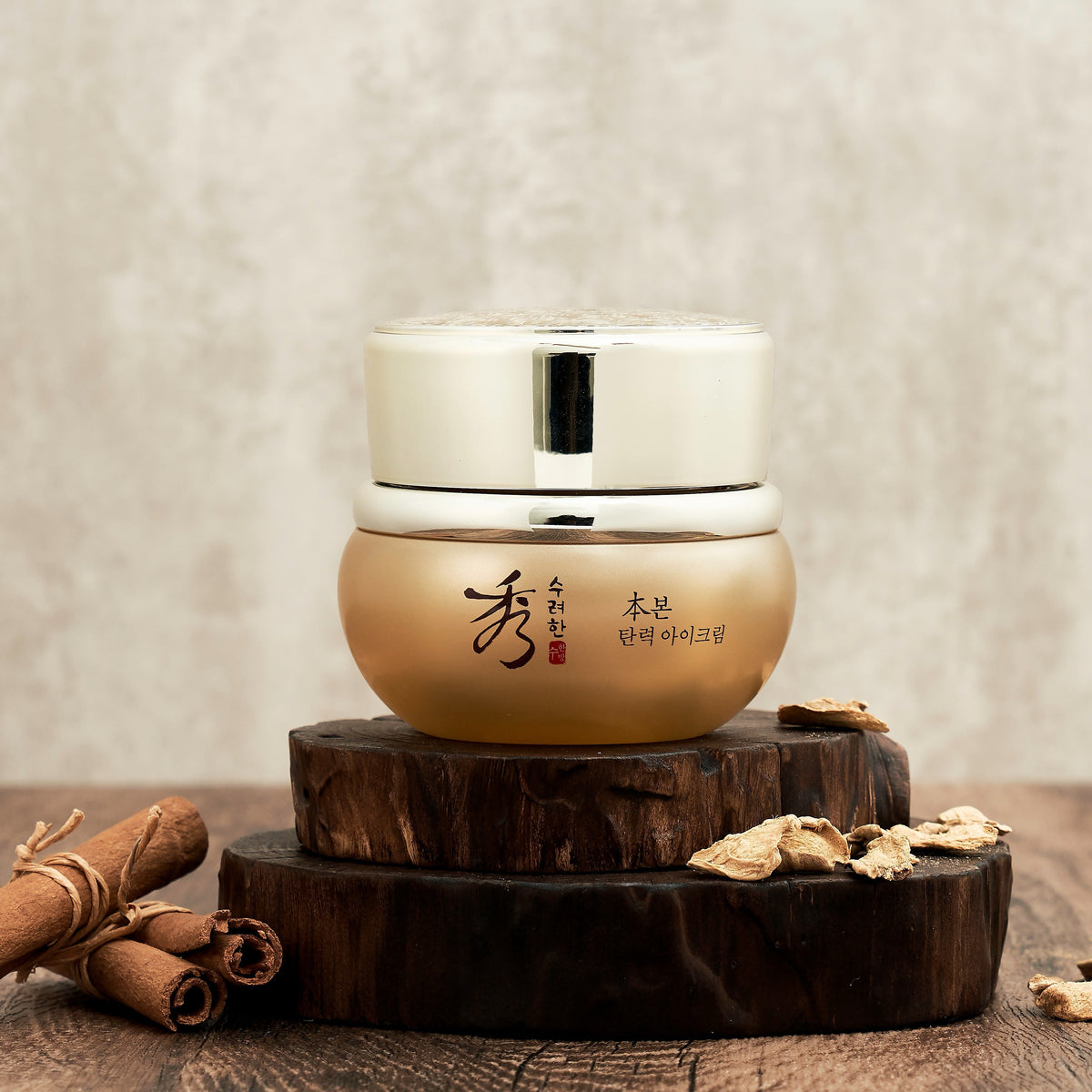 SOORYEHAN Bon Elasticity Eye Cream 25ml in elegant jar displayed on wooden platform with natural decor