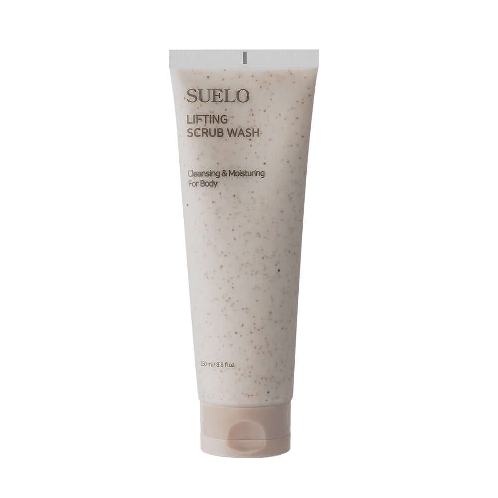 SUELO Lifting Body Scrub Wash in a 200ml tube, ideal for cleansing and moisturizing the skin, featuring gentle exfoliating particles.