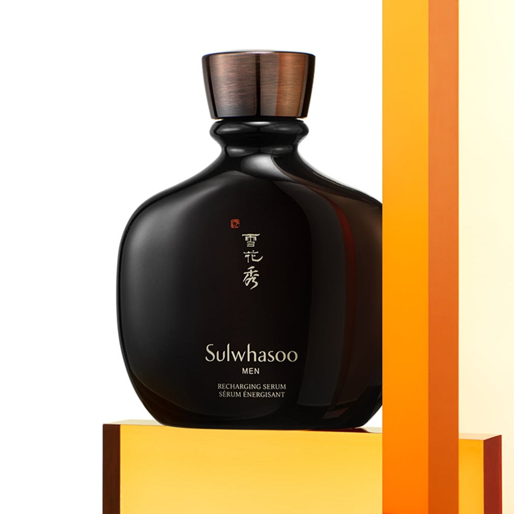 SULWHASOO Recharging Serum for Men 140ml black bottle on a gradient background.