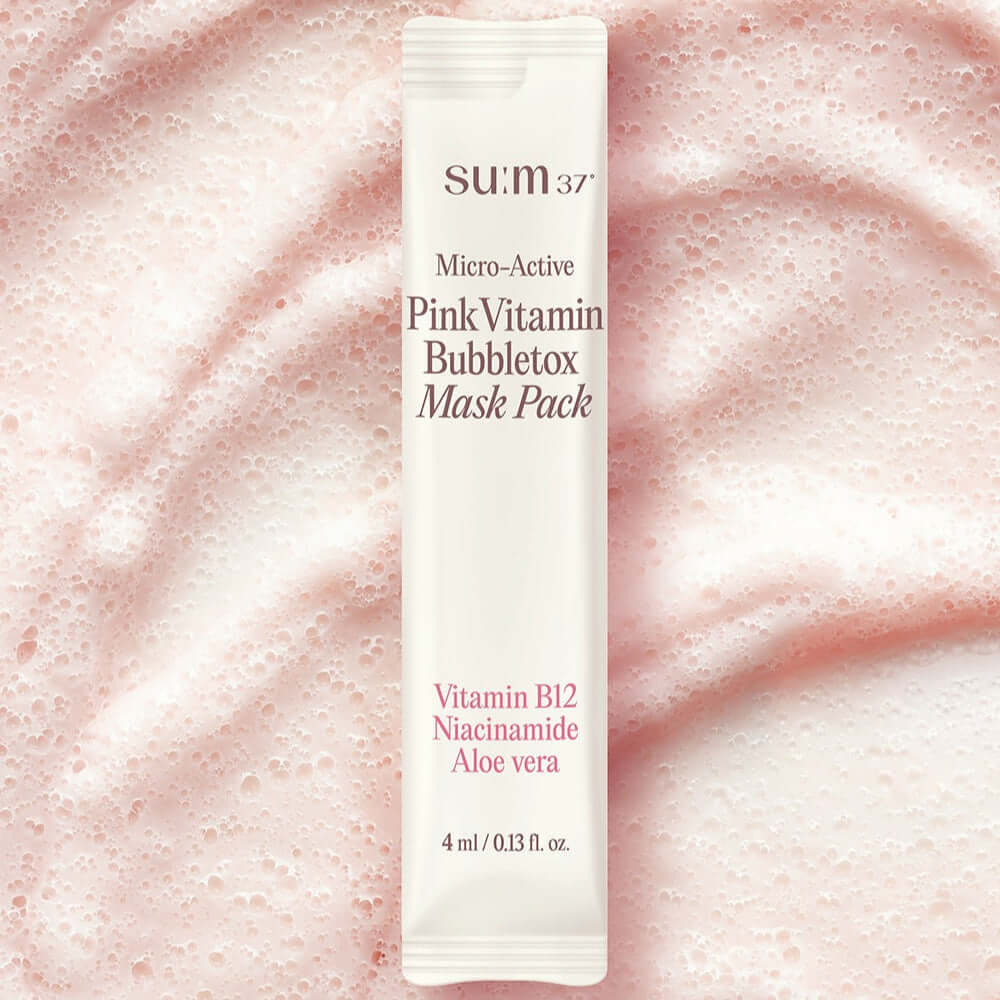 SU:M37 Microactive Pink Vitamin Bubble Tox Mask 4ml (14 sheet) on a textured pink background.