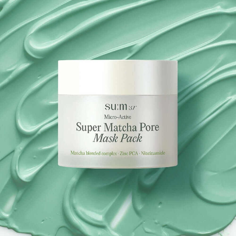 SU:M37 Microactive Super Matcha Pore Mask 100ml on green background