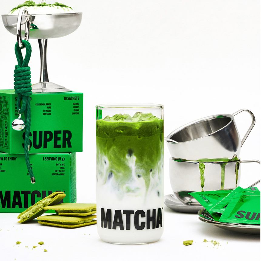 HIT THE TEA Super Matcha Home Cafe Set (Pure 10+Sweet 10+Heat-Resistant Glass Cup) with matcha drink and packaging display