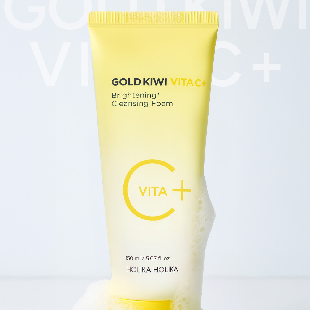 HOLIKA HOLIKA Gold Kiwi Vita C+ Brightening Cleansing Foam 150ml tube with foamy bubbles, skincare product for brightening