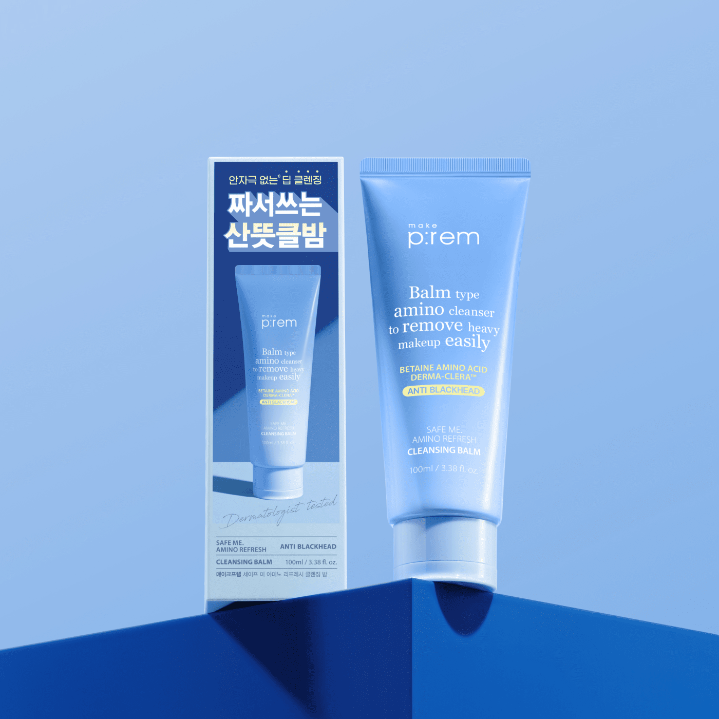MAKE P:REM Safe Me Amino Refresh Cleansing Balm 100ml tube and packaging on a blue background
