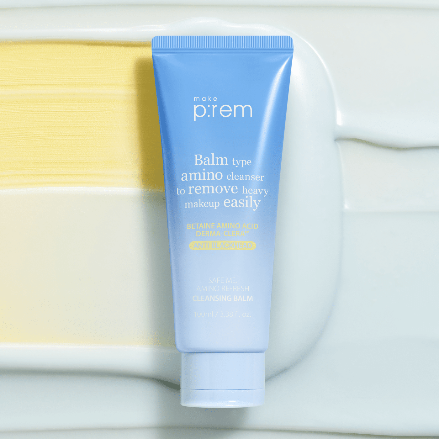 MAKE P:REM Safe Me Amino Refresh Cleansing Balm 100ml in blue tube on creamy background.