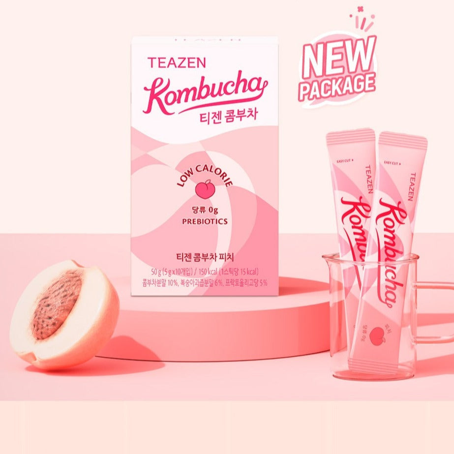 TEAZEN Kombucha Peach 10 Sticks packaging with peach flavor and new package design