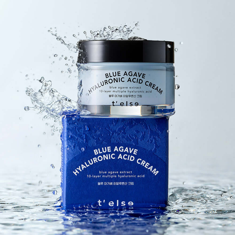 T'ELSE Blue Agave Hyaluronic Acid Cream 50ml displayed with water splashes, showcasing the moisturizer jar and box.