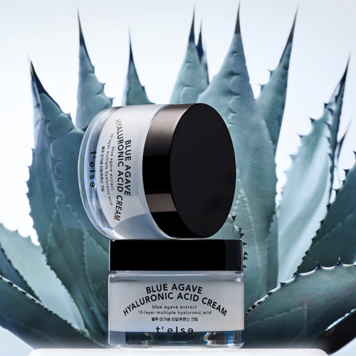 T'ELSE Blue Agave Hyaluronic Acid Cream 50ml with blue agave plant background
