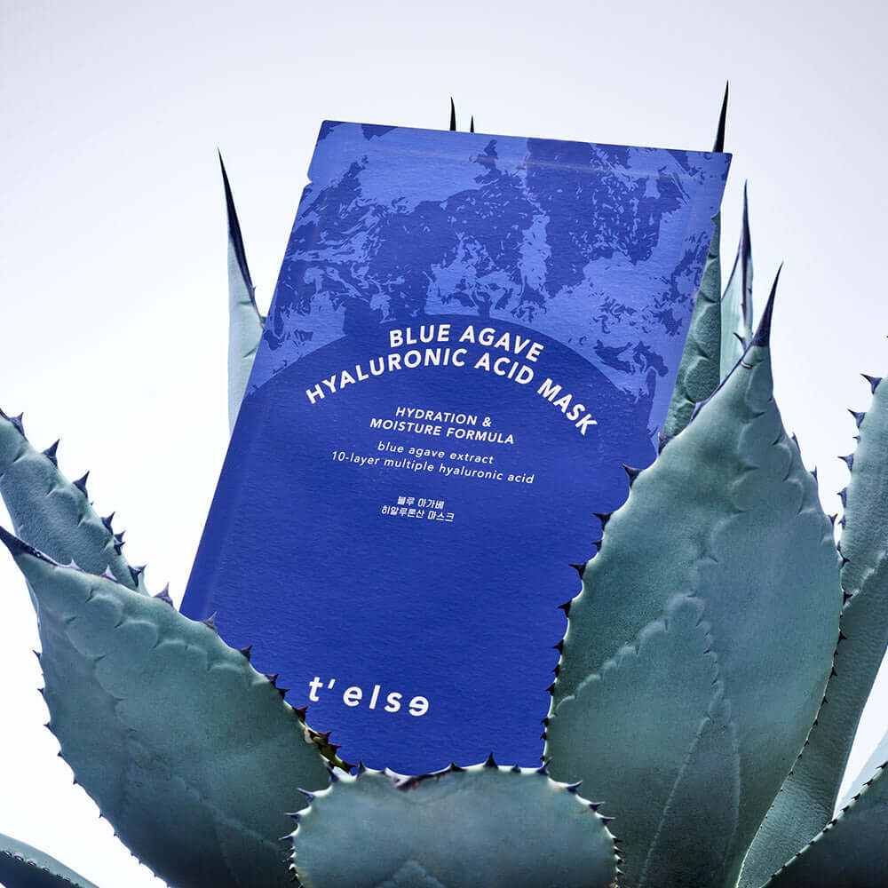 T'ELSE Blue Agave Hyaluronic Acid Mask 5 Pack displayed among agave plants