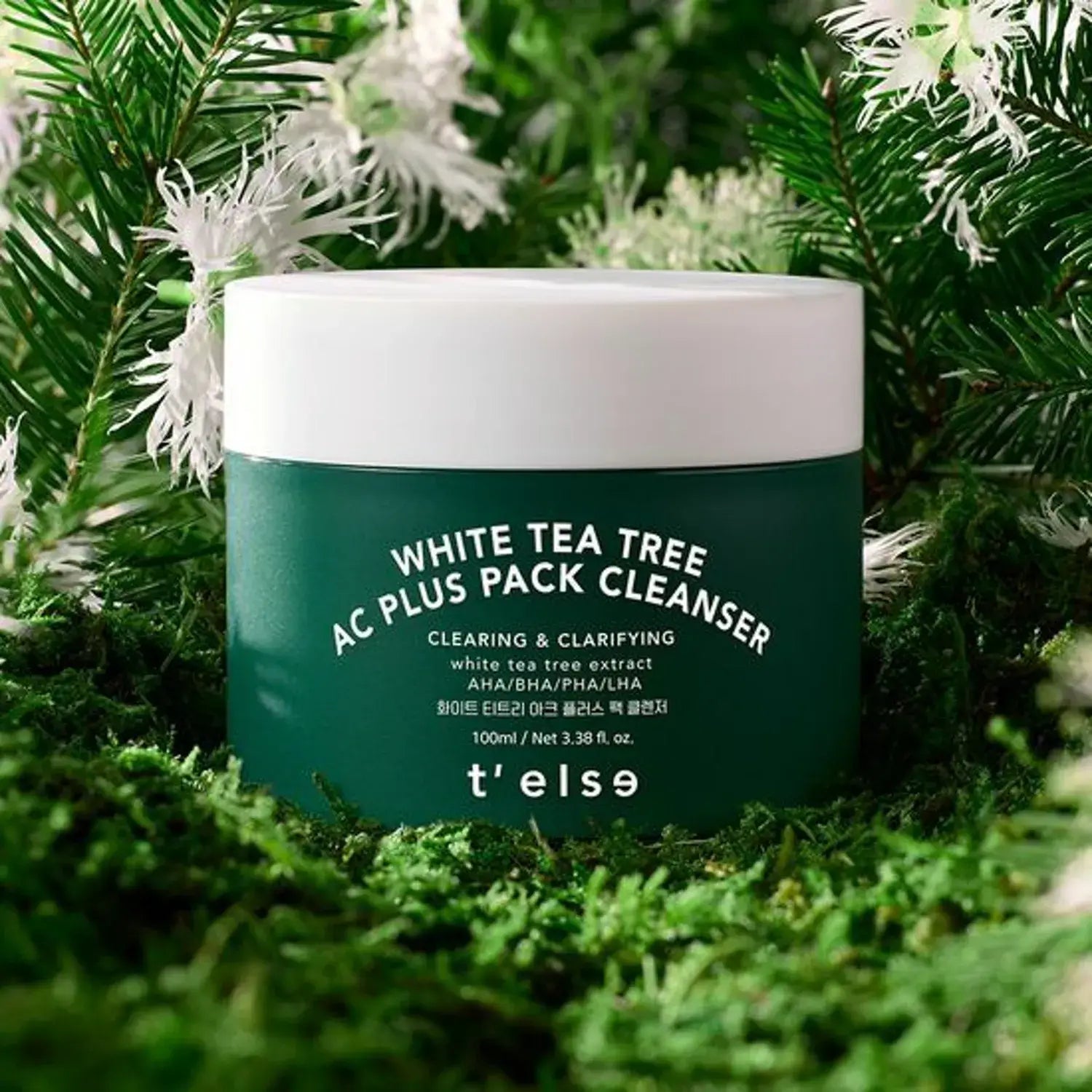 T'ELSE White Tea Tree Arc Plus Pack Cleanser 100ml jar on natural background