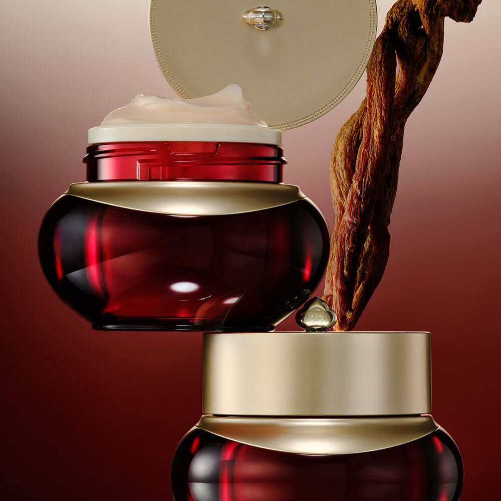 THE WHOO Jin Yul Hyang Anti-Wrinkle Enriching Cream 50ml in a luxurious red jar with gold accents, open to show cream texture.