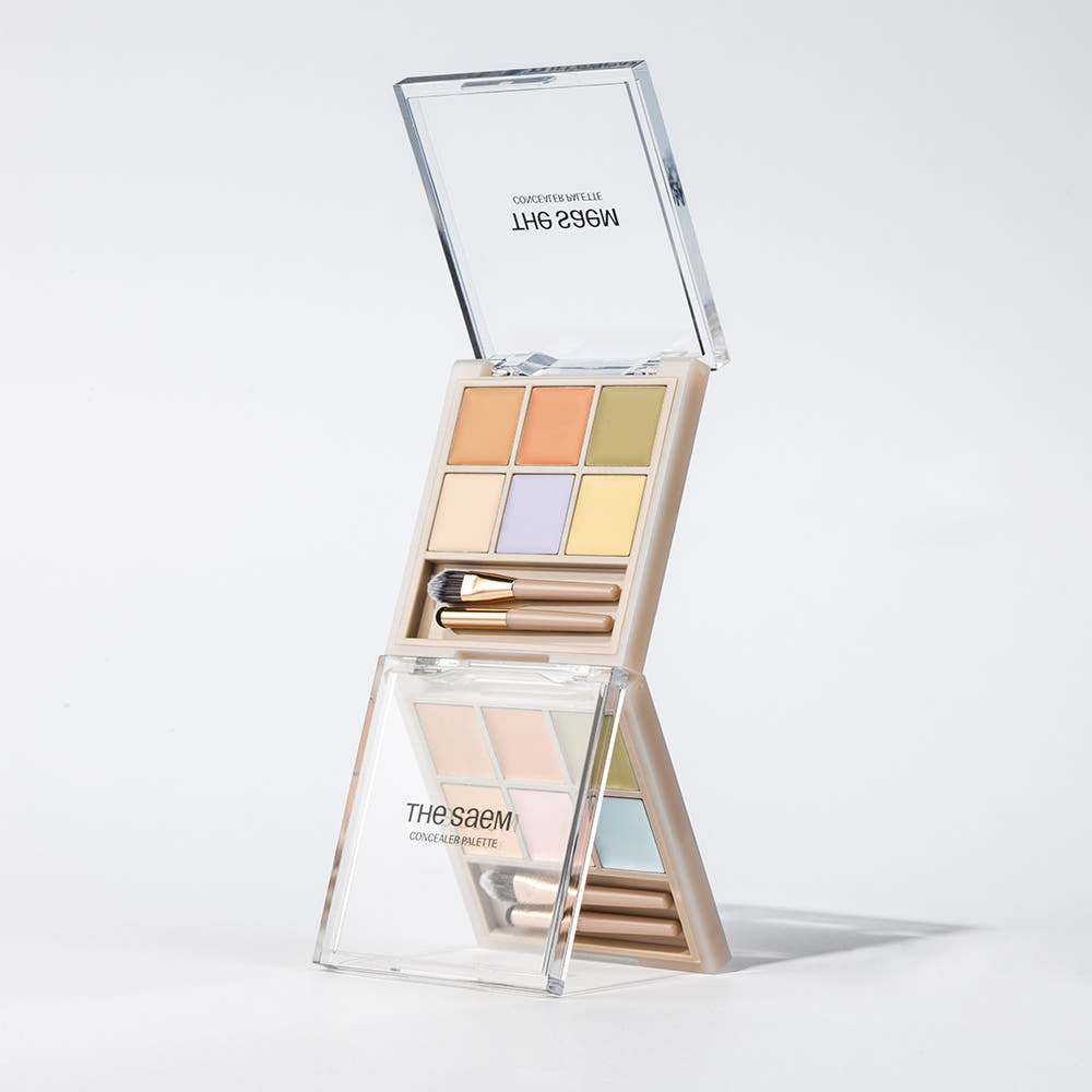 THE SAEM Cover Perfection Concealer Palette showing multiple concealer shades in a compact with brushes, ideal for flawless coverage.