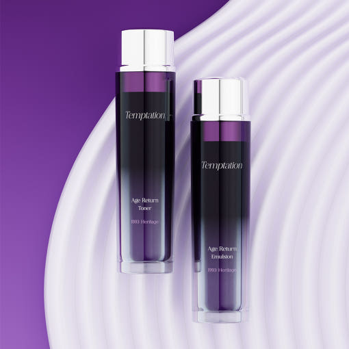 THE SAEM Temptation Age Return Emulsion 130ml with purple design bottles on a textured background