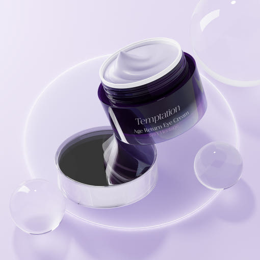 THE SAEM Temptation Age Return Eye Cream 30ml - anti-aging eye cream in open jar on purple background