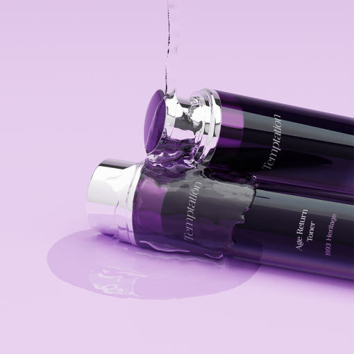 THE SAEM Temptation Age Return Toner 130ml bottle with water highlighting its refreshing properties on a purple background.