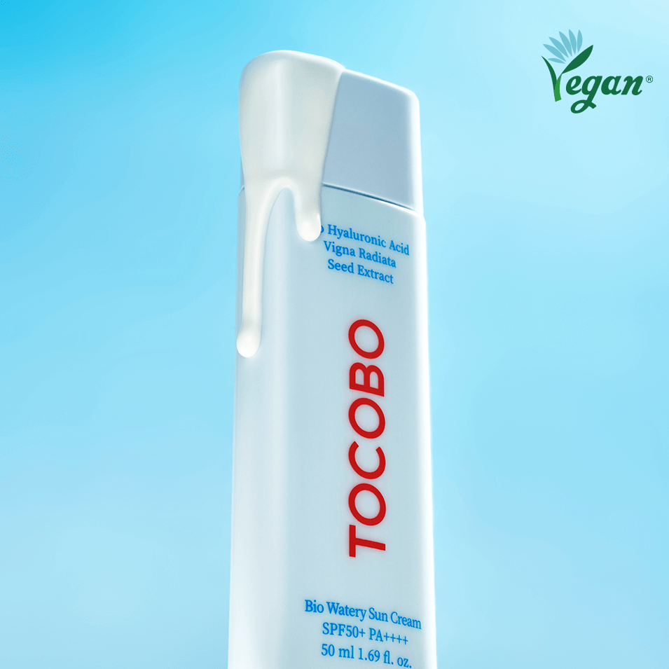 TOCOBO Bio Watery Sun Cream SPF50+ PA+++ with Hyaluronic Acid and Vigna Radiata Seed Extract vegan formula.