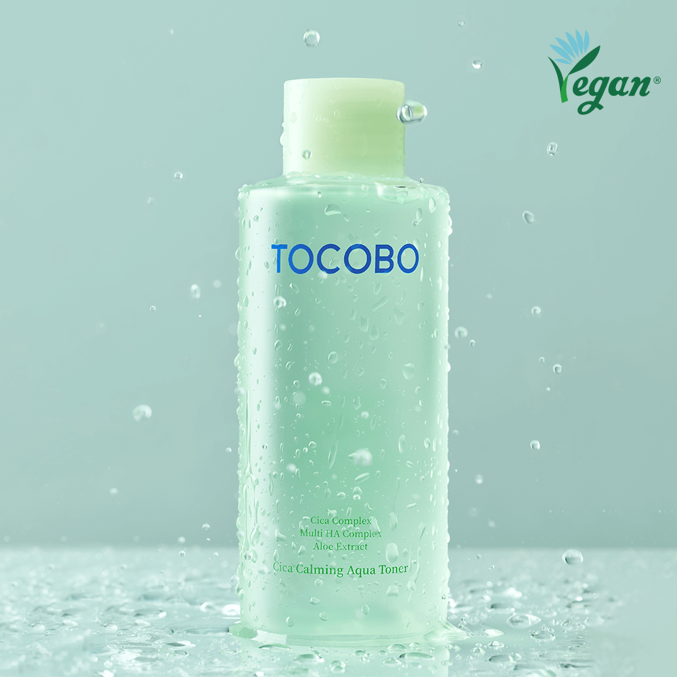 TOCOBO Cica Calming Aqua Toner vegan skincare product in a clear bottle with water droplets.