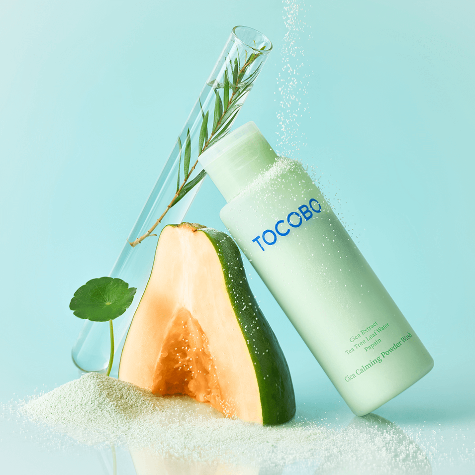 TOCOBO Cica Calming Powder Wash with fresh ingredients and soothing elements.