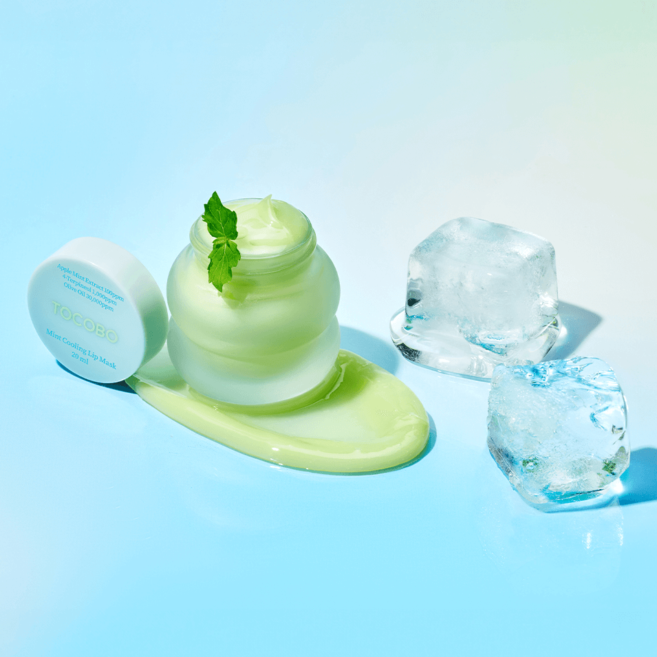 TOCOBO Mint cooling Lip Mask displayed with ice cubes, showcasing its cooling properties and minty freshness.