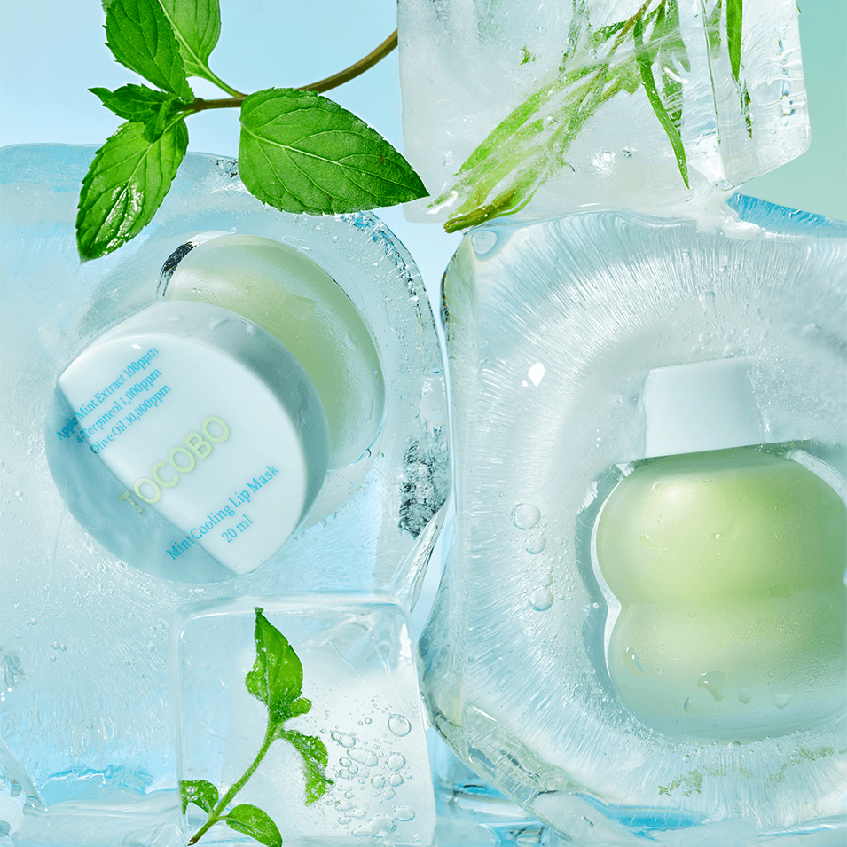 TOCOBO Mint cooling Lip Mask surrounded by ice, featuring mint leaves and icy background for refreshing care
