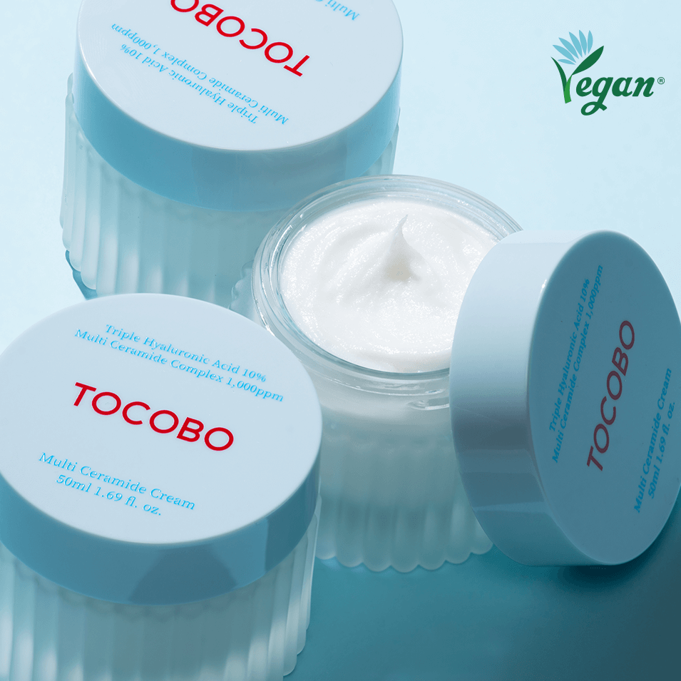 TOCOBO Multi Caramide Cream in glass jars with white texture, vegan label visible, promoting skincare benefits and hydration.