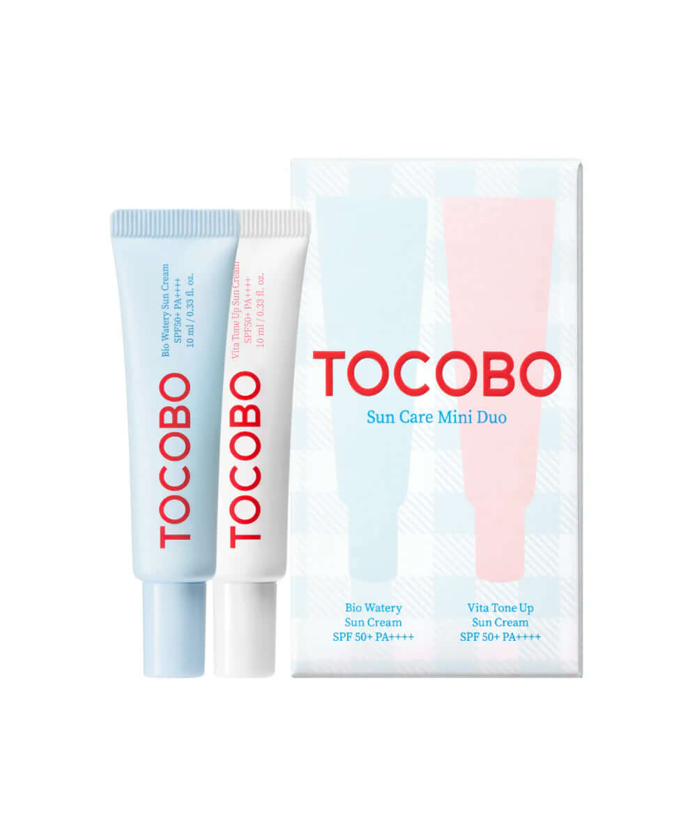 TOCOBO Sun Care Mini Duo set with SPF 50+ sunscreen, includes Bio Watery Sun Cream and Vita Tone Up Sun Cream, product packaging.