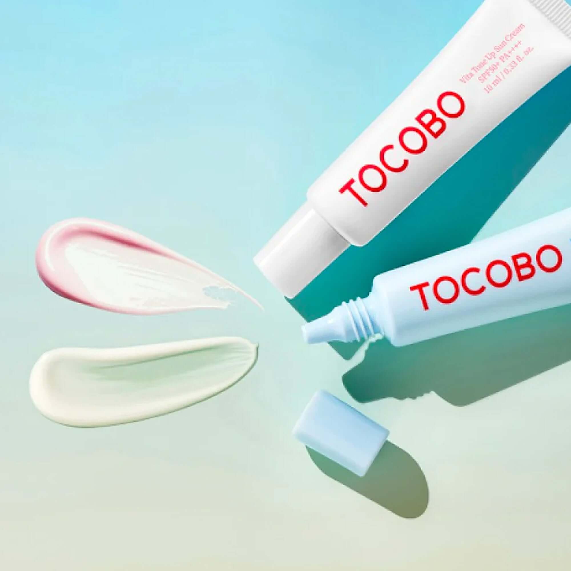 TOCOBO Sun Care Mini Duo featuring two tubes with cream swatches on a gradient background.