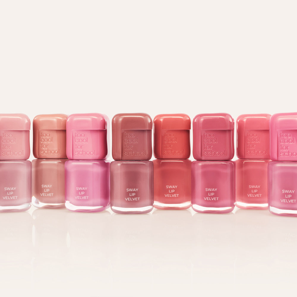 TOO COOL FOR SCHOOL Sway Lip Velvet collection in various shades showcasing vibrant lip colors in sleek packaging.
