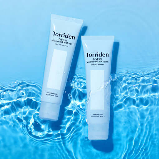 TORRIDEN Dive In Low Molecular Hyaluronic Acid Moisture Sun Cream SPF 50+ PA++++ 60ml tubes in a water background