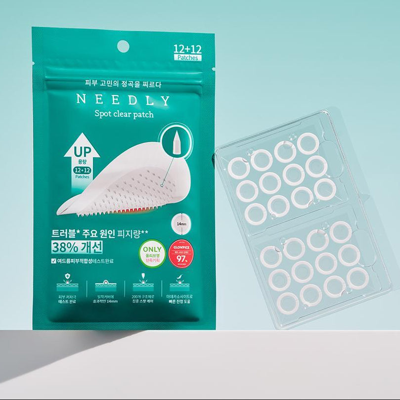 Image of NEEDLY Patch Spot Clear 12 Patches package and contents displayed on a pastel background.