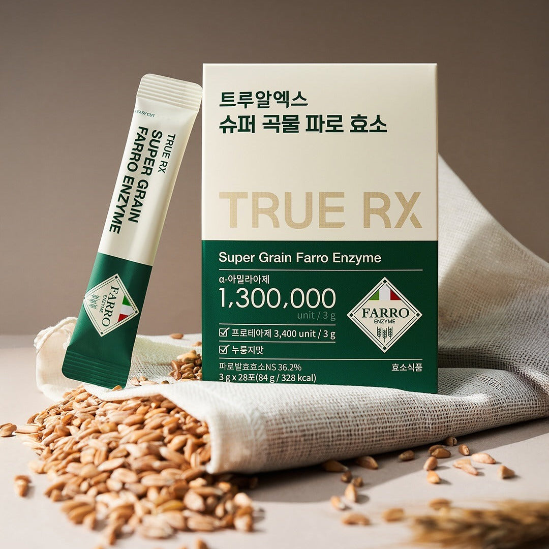 TRUE RX Super Grain Farro Enzyme 28 Packets product packaging with grain and packet displayed.