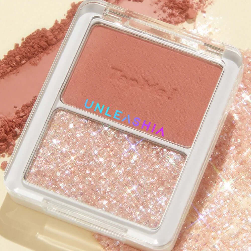 UNLEASHIA tap me palette duo featuring shimmering glitter and matte shades in open compact