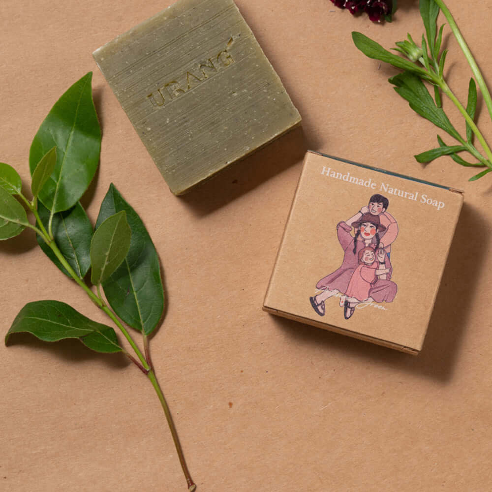 URANG Artmijia Green CP Handmade Soap on a natural background with foliage