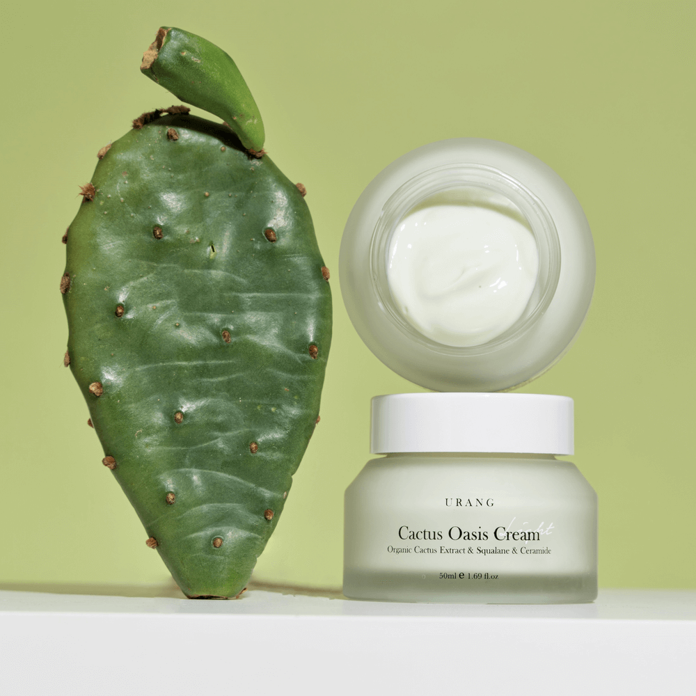 URANG Cactus Oasis Cream 50ml jar beside cactus pad for skincare hydration and moisture