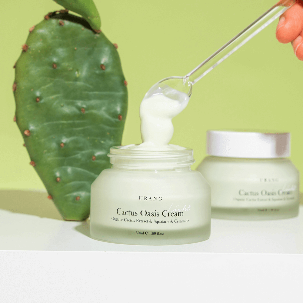 URANG Cactus Oasis Cream 50ml open with cactus in background, highlighting organic ingredients and hydrating benefits.