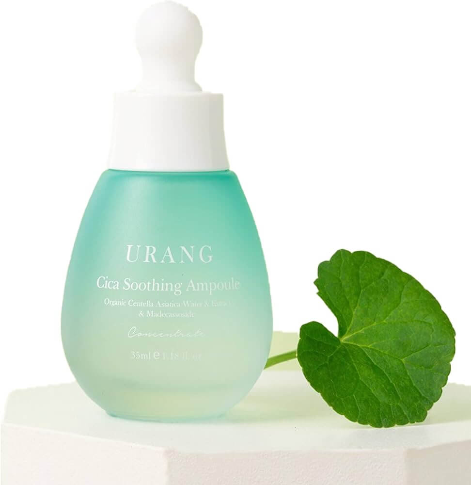 Image of URANG Cica Soothing Ampoule bottle with green leaf, focusing on skincare benefits.