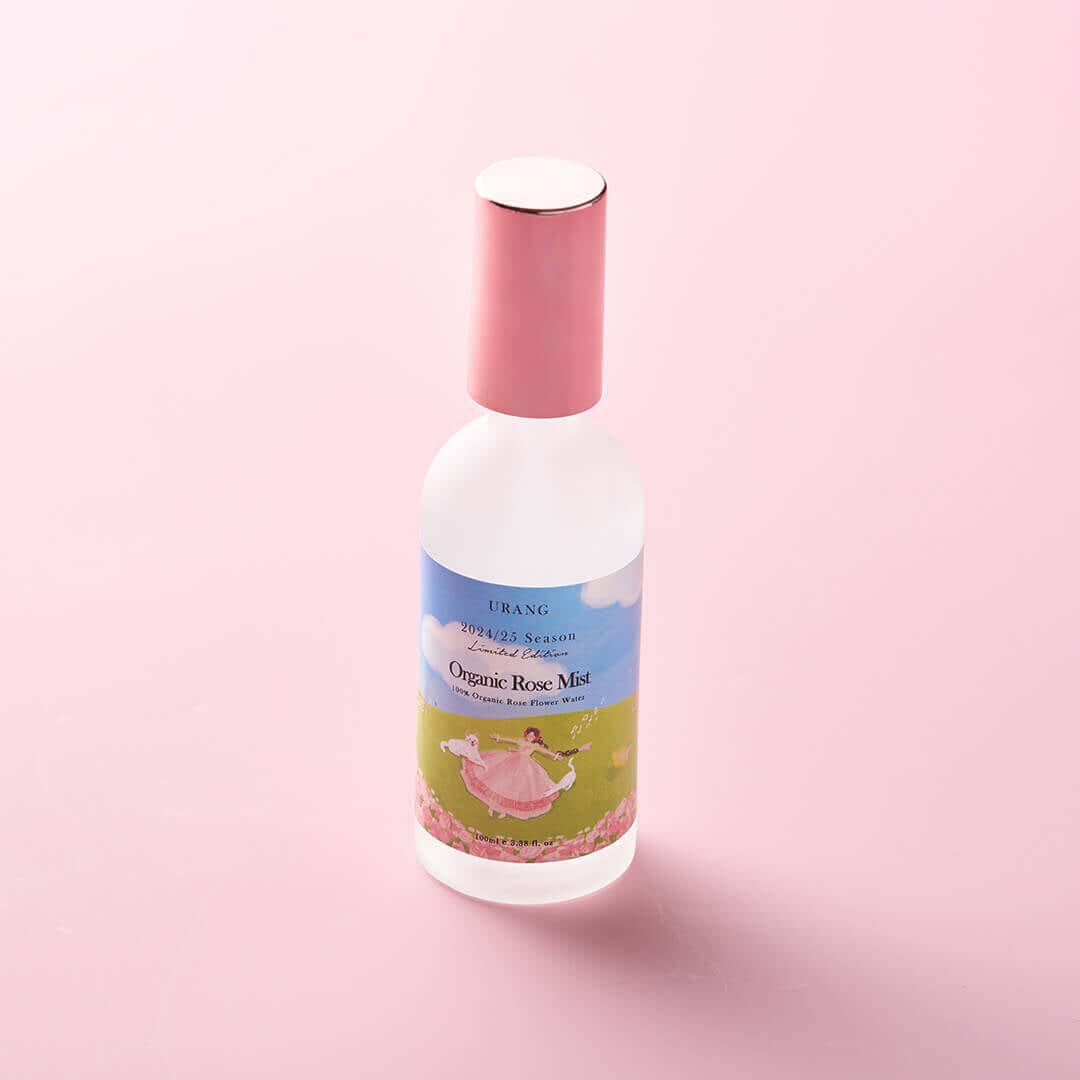 URANG Organic Rose Mist (2024/2025 Limited Edition) bottle on pink background