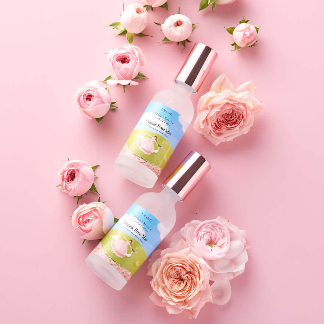 URANG Organic Rose Mist (2024/2025 Limited Edition) bottles with pink roses on a pink background.
