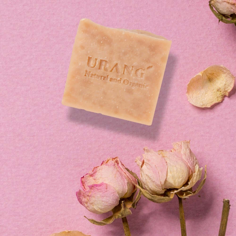 URANG Rose Garden CP Handmade Soap with dried roses on a pink background