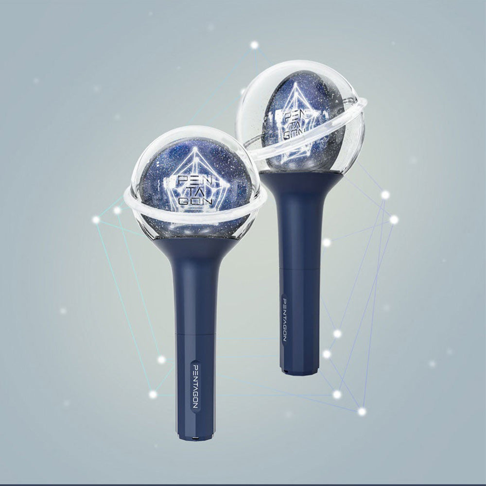 Two sleek, navy blue light sticks with a futuristic design, showcasing a glowing geometric logo inside a clear spherical top.