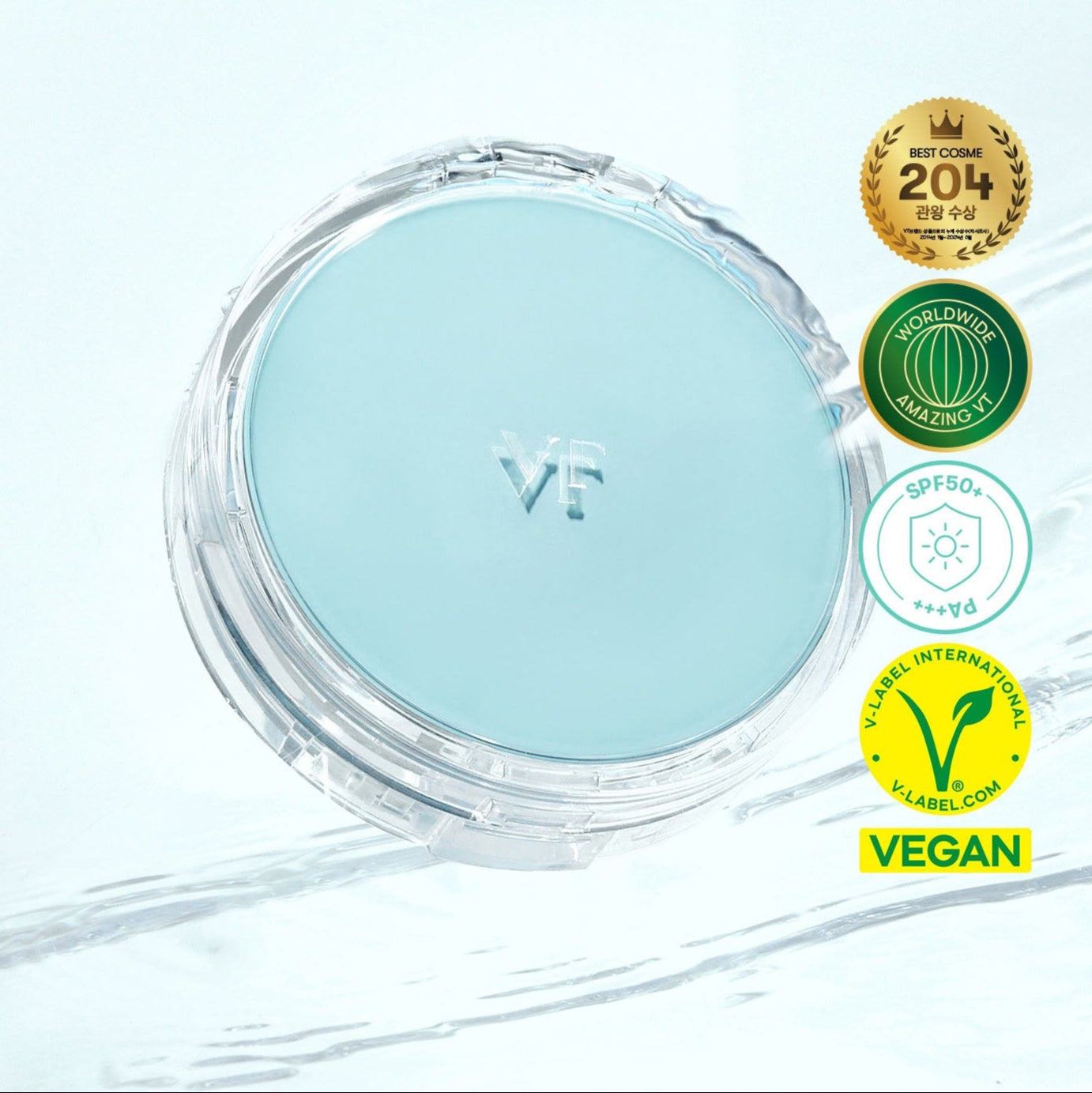VT COSMETIC PDRN Essennce Glow Sun Pact 10g featuring compact design with vegan certification and SPF 50+ protection.